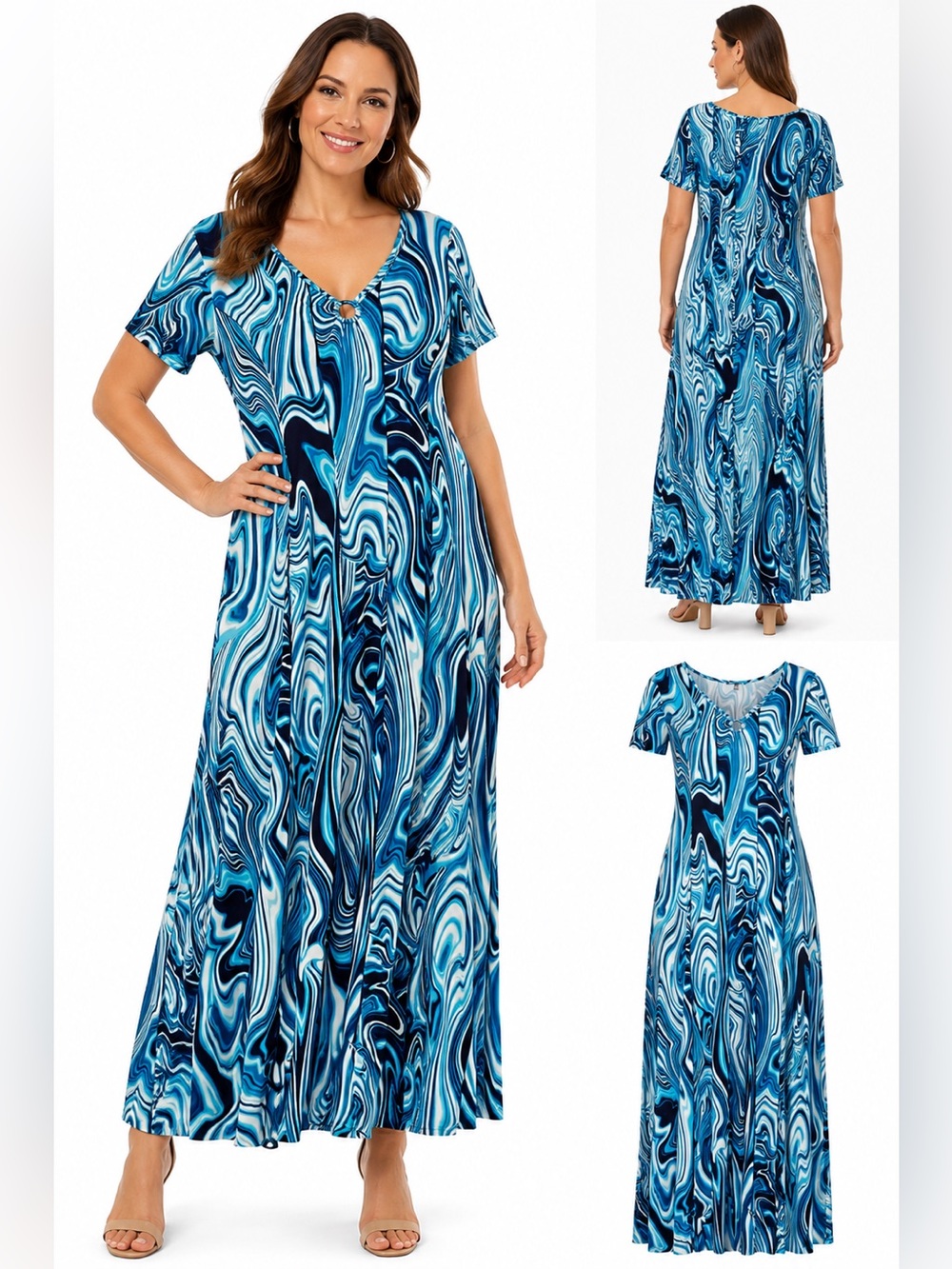 NWT Sami & Jo Maxi Dress Scuba Blue Marble Swirl Stretch Short Sleeve Womens Med
